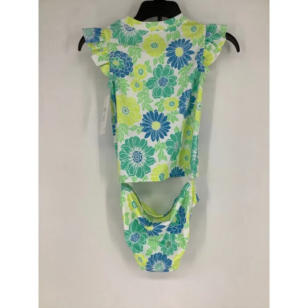 Janie and Jack Girl's 6 Bright Green Floral Ruffle Rashguard Swimsuit Set K17-2